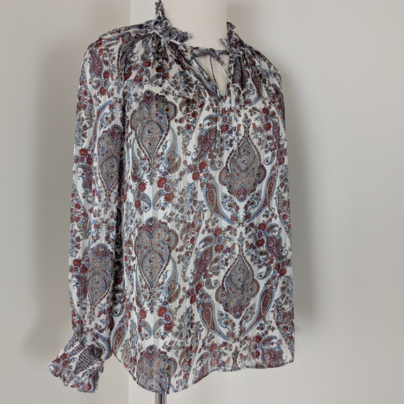 H&M Smocking Paisley Blouse Printed Tops Long Sleeve Neck Tie Smocked Sleeves - Picture 4 of 7